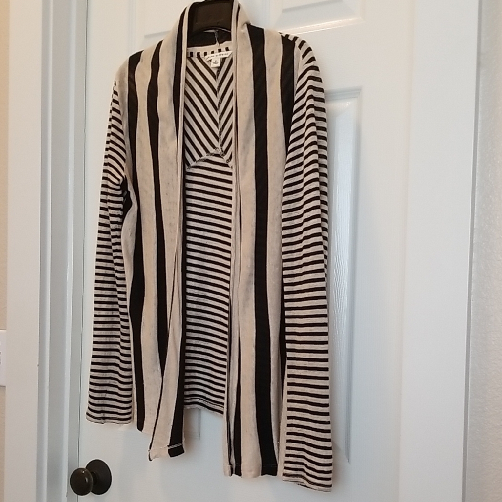 Linen-Cotton Blend Lightweight Banana Republic Black & Tan Striped Open Sweater